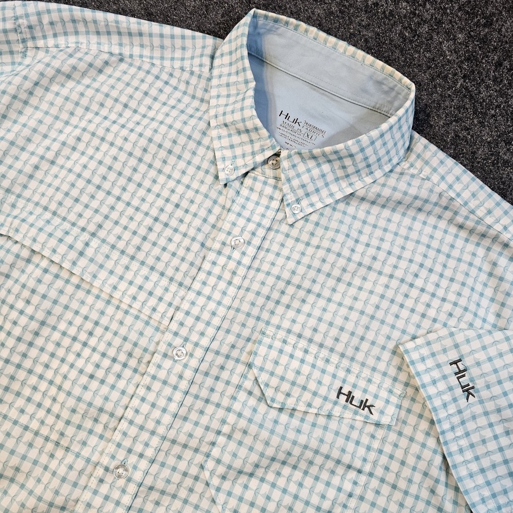 Huk Performance Fishing Shirt XL Aqua Check Vented Quick Dry Angler Boat